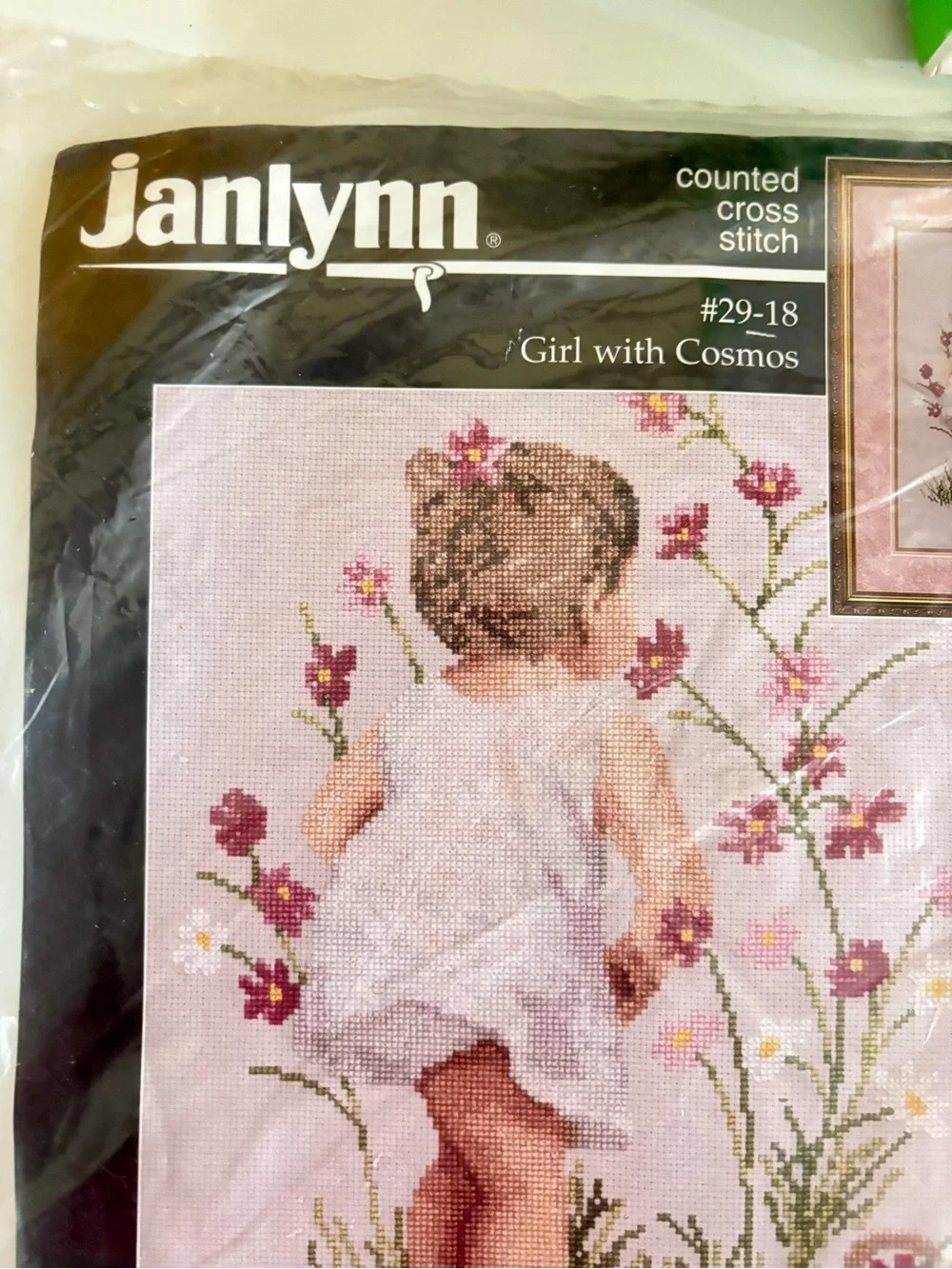 Janlynn Cross-Stitch Art - Girl with Cosmos *Vintage*